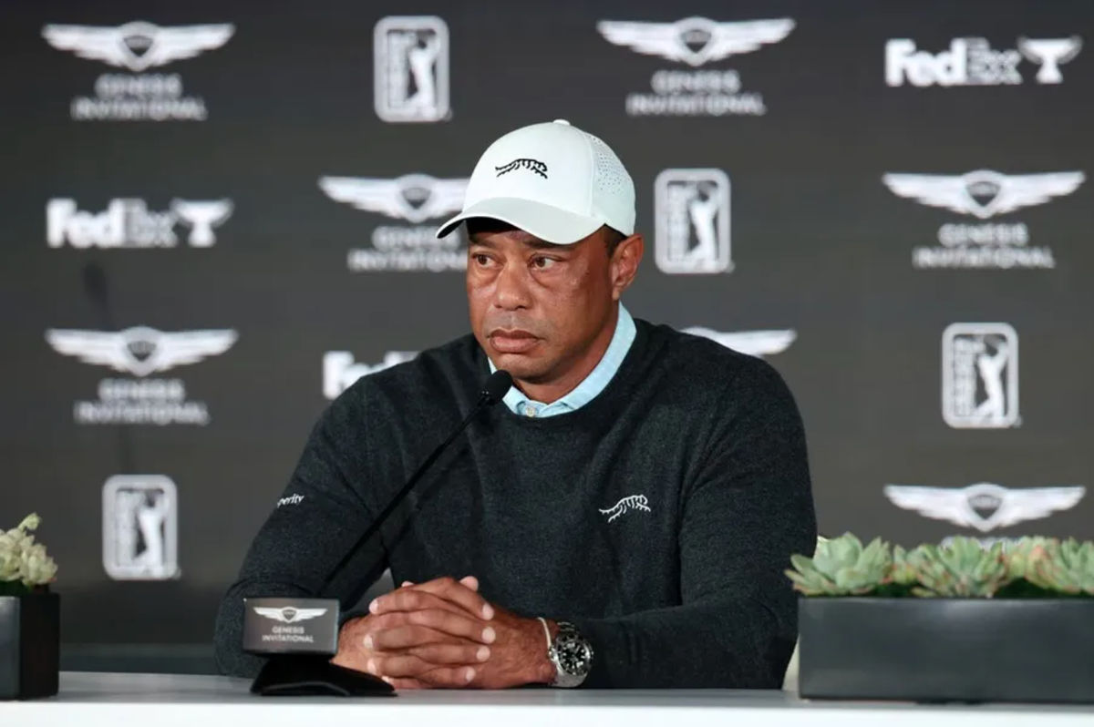 Feb 17, 2026; Pacific Palisades, CA, USA; Genesis Invitational tournament host Tiger Woods speaks to the media during a press conference at Riviera Country Club. Mandatory Credit: Kiyoshi Mio-Imagn Images