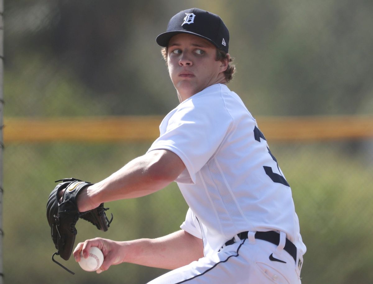 Detroit Tigers pitching prospect Jackson Jobe throws live batting practice during spring training Minor League minicamp Wednesday, Feb. 23, 2022 at Tiger Town in Lakeland.

Tigers7