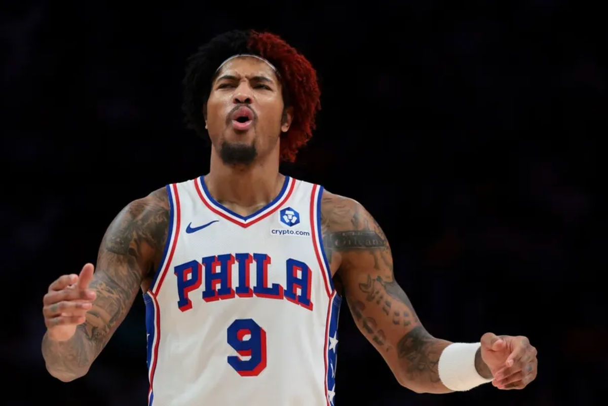 30 de marzo de 2026; Miami, Florida, EE. UU.; El base de los Philadelphia 76ers, Kelly Oubre Jr. (9), reacciona ante el Miami Heat durante el cuarto periodo en el Kaseya Center. Crédito obligatorio: Sam Navarro-Imagn Images