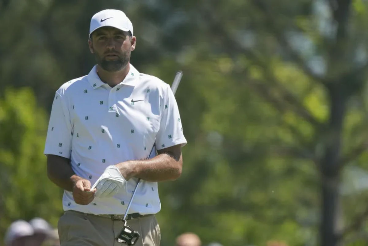 Apr 11, 2026; Augusta, Georgia, USA; Scottie Scheffler walks the third green during the third round of the Masters Tournament at Augusta National Golf Club. Mandatory Credit: Grace Smith-Imagn Images