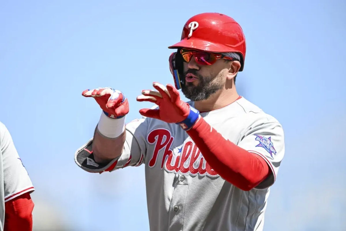 Apr 8, 2026; San Francisco, California, USA; Philadelphia Phillies left fielder Kyle Schwarber (12) celebrates a single in the top of the first inning against the San Francisco Giants at Oracle Park. Mandatory Credit: Justine Willard-Imagn Images