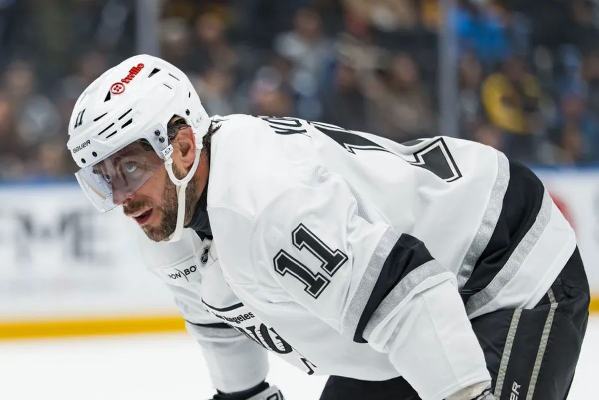 Apr 14, 2026; Vancouver, British Columbia, CAN; Los Angeles Kings forward Anze Kopitar (11) during a stop in play against the Vancouver Canucks in the first period at Rogers Arena. Mandatory Credit: Bob Frid-Imagn Images