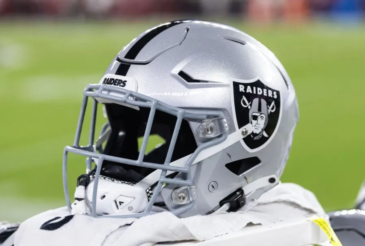 Aug 23, 2025; Glendale, Arizona, USA; Detailed view of a Las Vegas Raiders helmet during a preseason NFL game at State Farm Stadium. Mandatory Credit: Mark J. Rebilas-Imagn Images