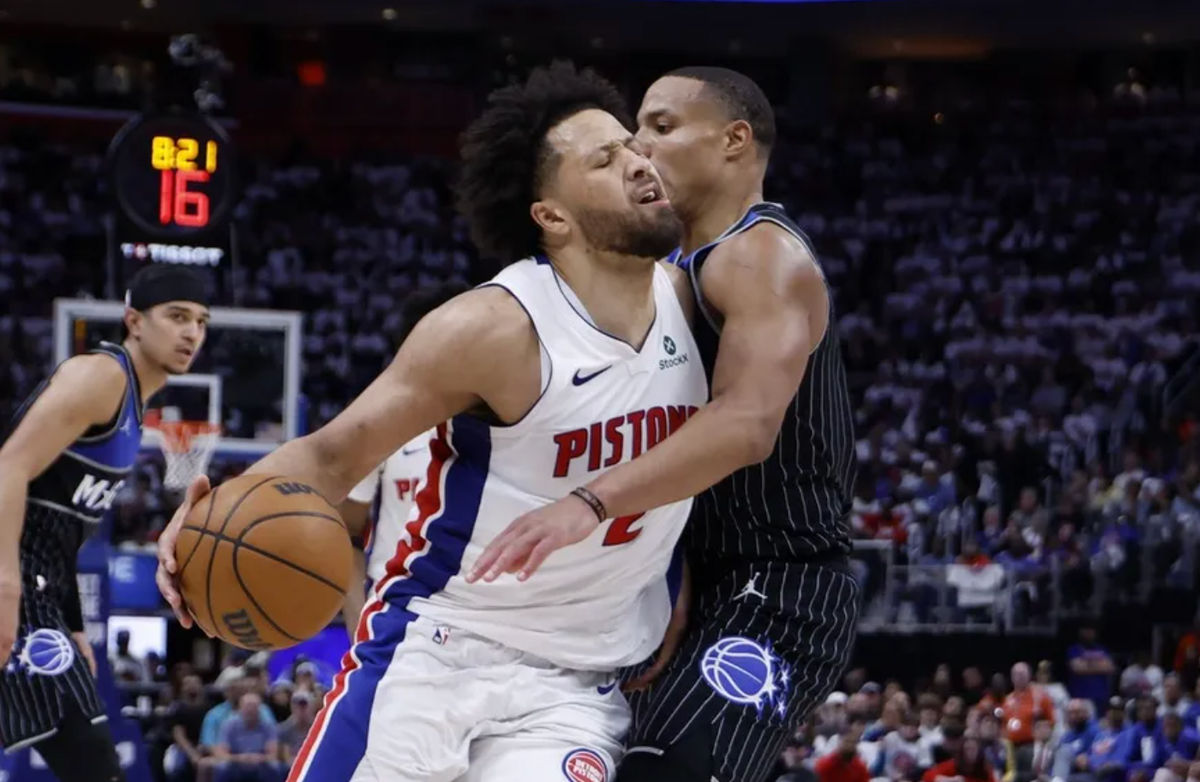 Apr 22, 2026; Detroit, Michigan, USA; Detroit Pistons guard Cade Cunningham (2) is defended by Orlando Magic guard Desmond Bane (3) in the second half during game two of the first round of the 2026 NBA Playoffs at Little Caesars Arena. Mandatory Credit: Rick Osentoski-Imagn Images