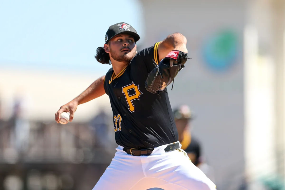 Mar 7, 2025; Bradenton, Florida, USA; Pittsburgh Pirates pitcher Jared Jones (37) throws a pitch against the Philadelphia Phillies in the first inning during spring training at LECOM Park. Mandatory Credit: Nathan Ray Seebeck-Imagn Images