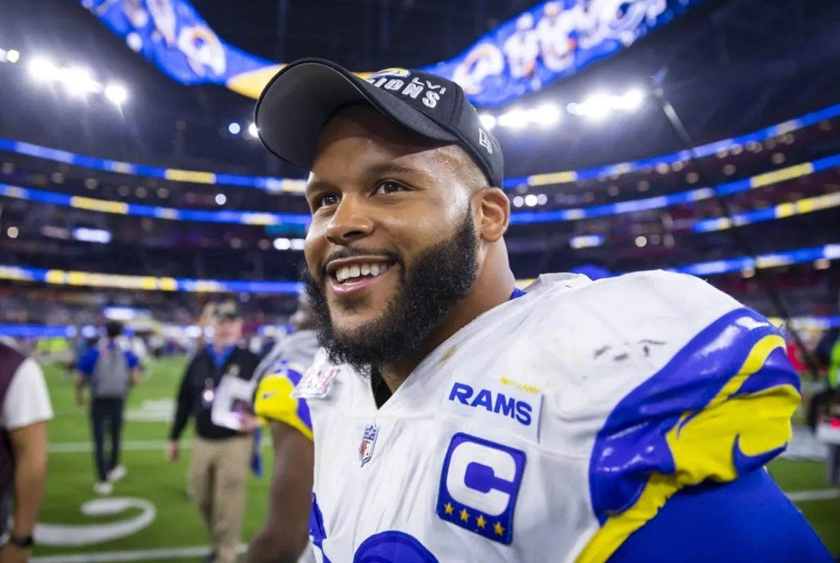 Feb 13, 2022; Inglewood, CA, USA; Los Angeles Rams defensive tackle Aaron Donald (99) celebrates after defeating the Cincinnati Bengals during Super Bowl LVI at SoFi Stadium. credits: Mark J. Rebilas-USA TODAY Sports