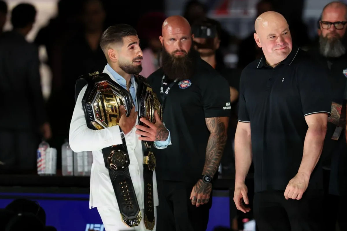 Jun 12, 2026; Washington, D.C., USA; Ilia Topuria (left) and Dana White look on during a press conference for the UFC Freedom 250 at Lincoln Memorial. Mandatory Credit: Amber Searls-Imagn Images