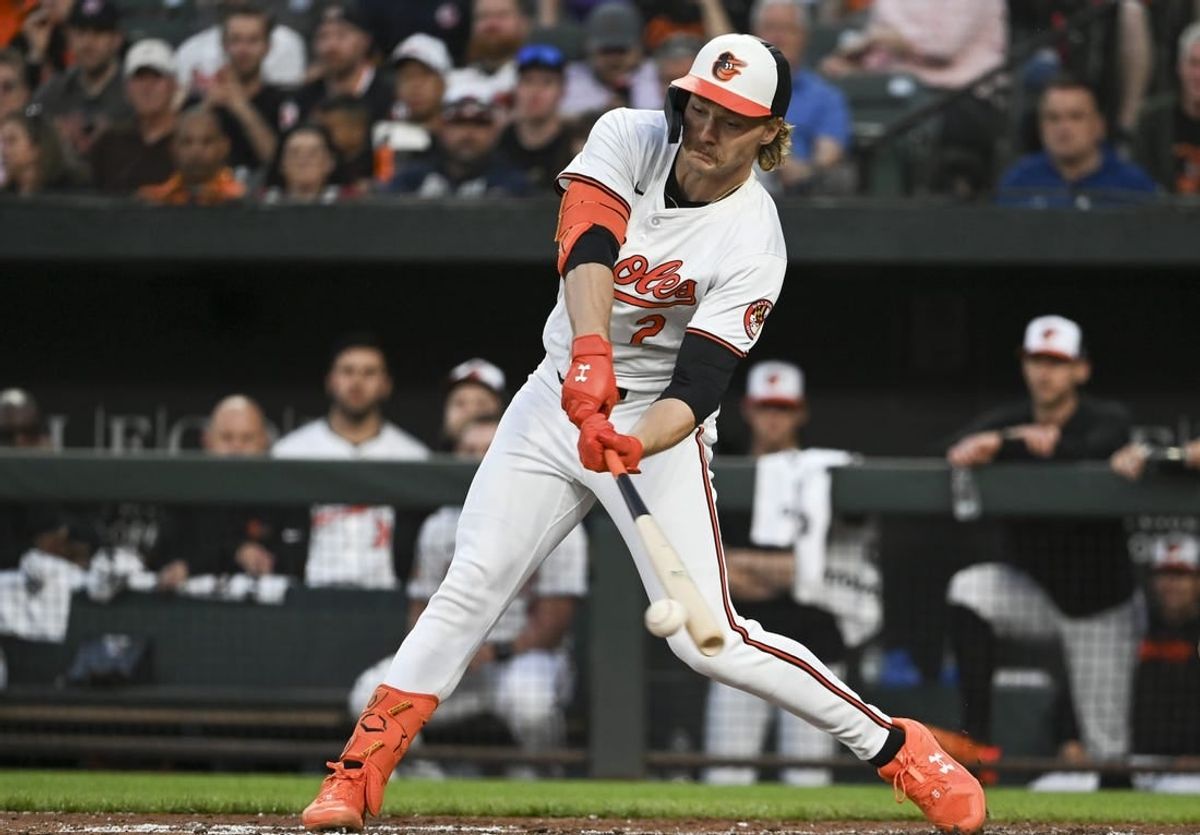Apr 16, 2024; Baltimore, Maryland, USA; Baltimore Orioles shortstop Gunnar Henderson (2) hits a rbi single scoring second baseman Jackson Holliday (not pictured) during the third inning against the Minnesota Twins  at Oriole Park at Camden Yards.