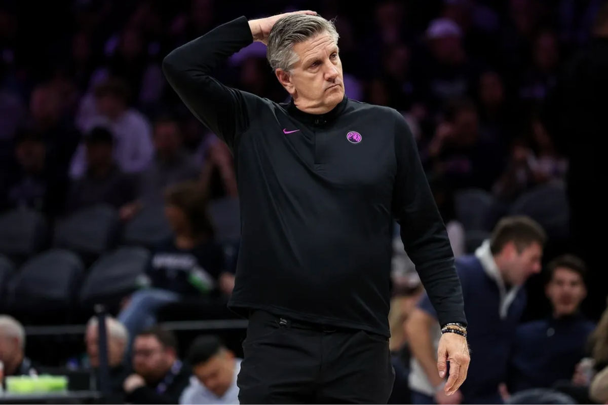 Mar 28, 2026; Minneapolis, Minnesota, USA; Minnesota Timberwolves head coach Chris Finch reacts during the second half against the Detroit Pistons at Target Center. Mandatory Credit: Matt Krohn-Imagn Images