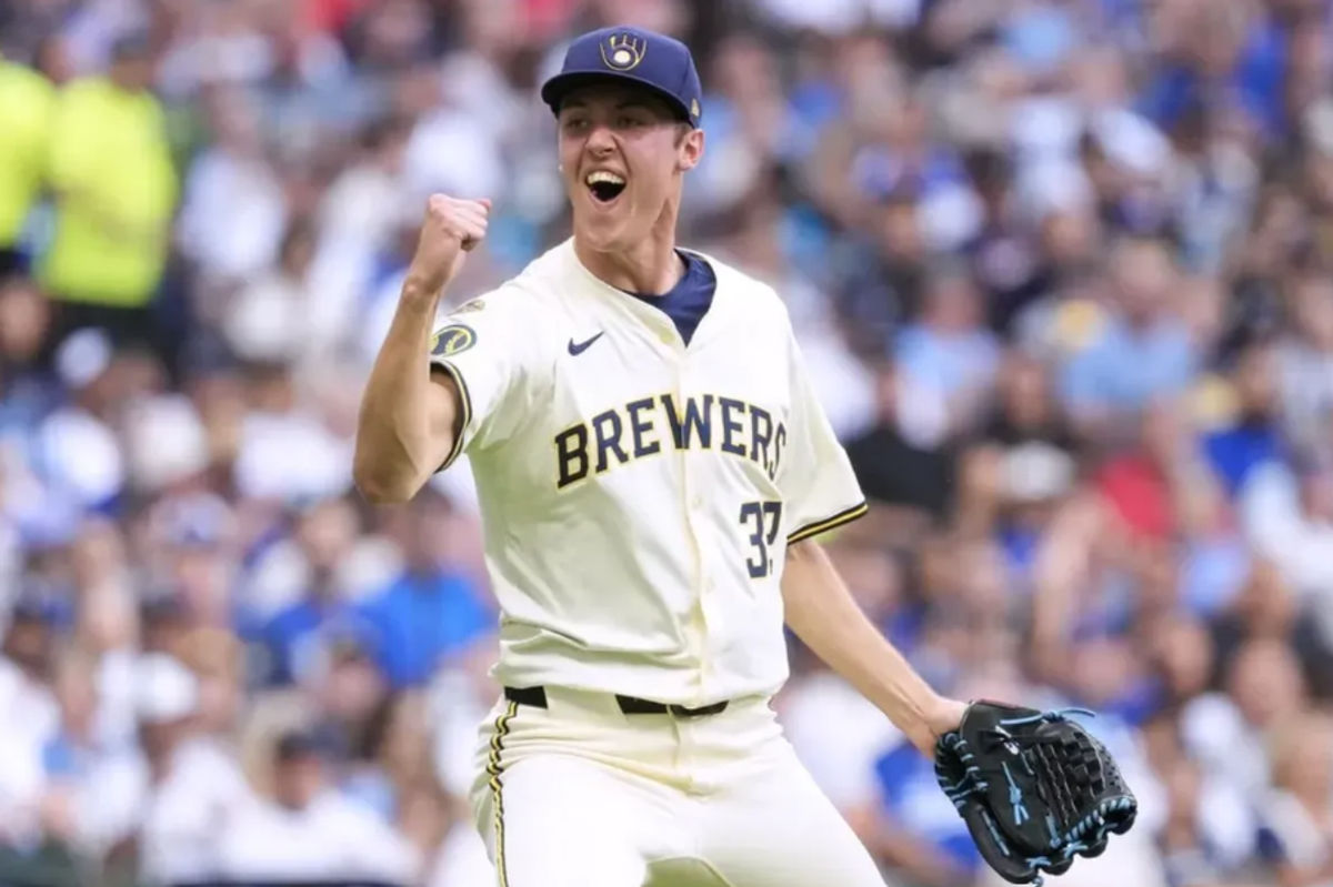 Jul 8, 2025; Milwaukee, Wisconsin, USA; Milwaukee Brewers pitcher Jacob Misiorowski (32) reacts following the final out of the third inning against the Los Angeles Dodgers at American Family Field. Mandatory Credit: Jeff Hanisch-Imagn Images