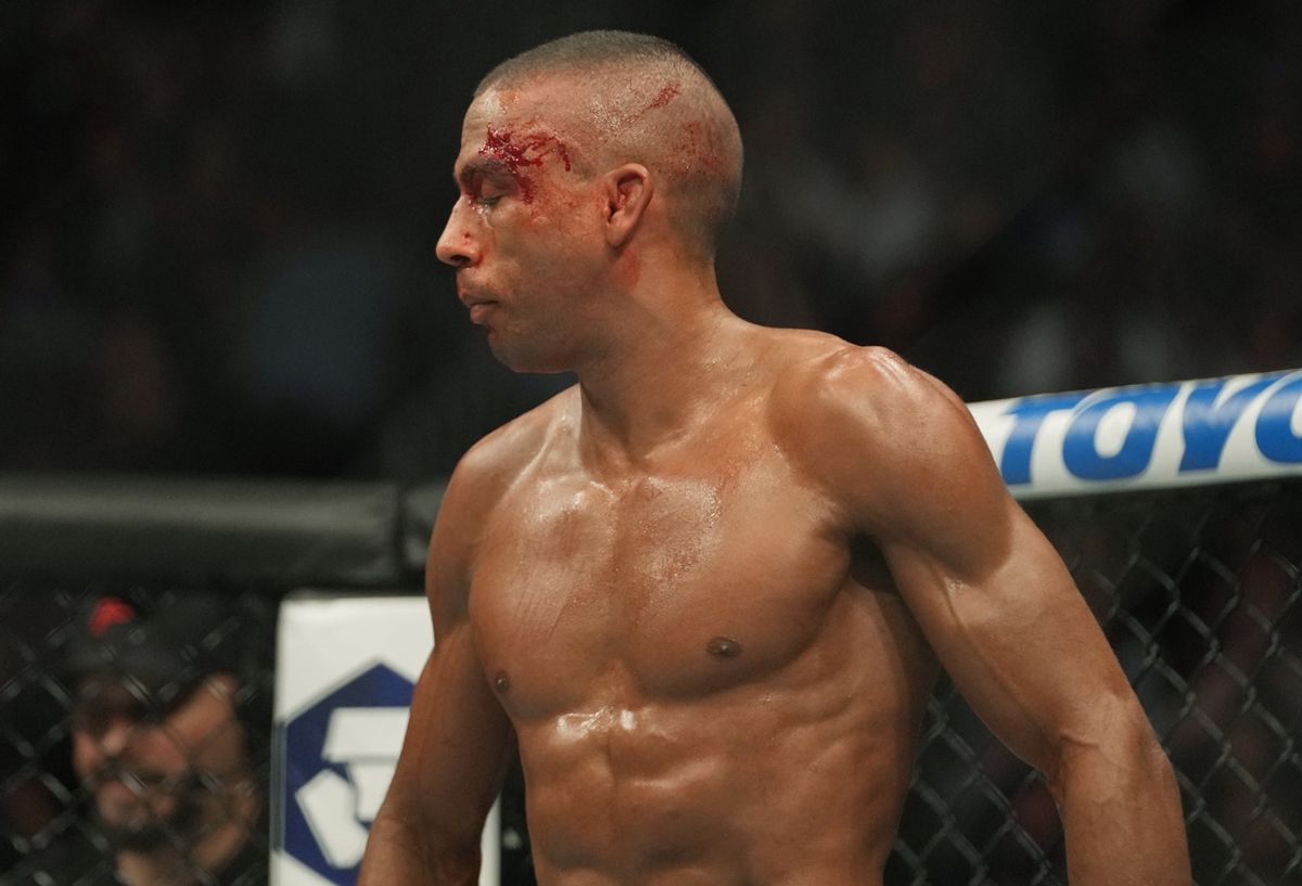 Mar 5, 2022; Las Vegas, Nevada, UNITED STATES; Edson Barboza bleeds from his head during his fight with Bryce Mitchell (not pictured) at UFC 272 at T-Mobile Arena. Mandatory Credit: Stephen R. Sylvanie-Imagn Images