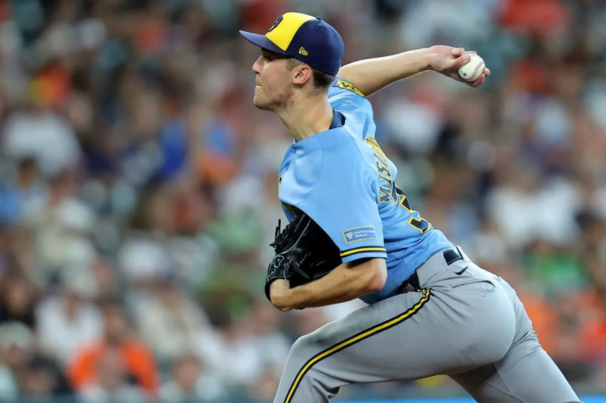 May 31, 2026; Houston, Texas, USA; Milwaukee Brewers pitcher Jacob Misiorowski (32) delivers a pitch against the Houston Astros during the seventh inning at Daikin Park. Mandatory Credit: Erik Williams-Imagn Images