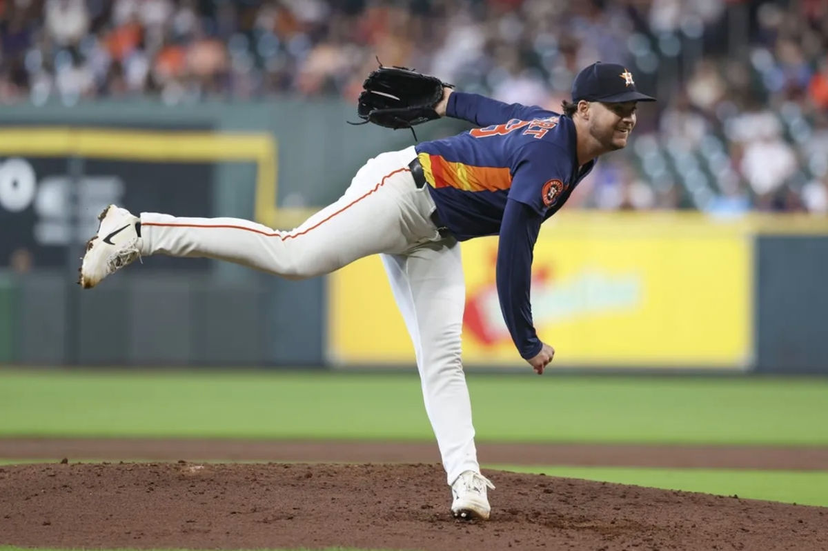 Jul 5, 2026; Houston, Texas, USA; Houston Astros starting pitcher Peter Lambert (38) delivers a pitch during the third inning against the Tampa Bay Rays at Daikin Park. Mandatory Credit: Troy Taormina-Imagn Images