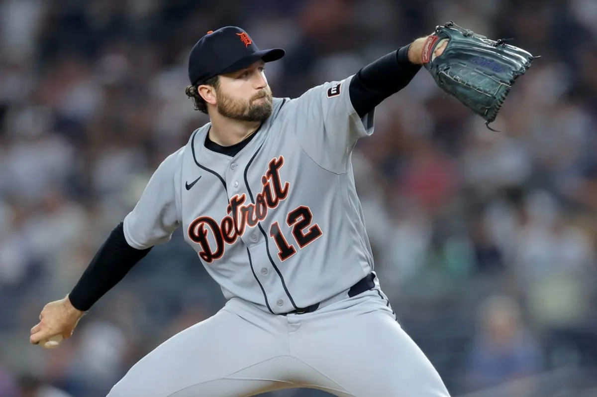 Jun 29, 2026; Bronx, New York, USA; Detroit Tigers starting pitcher Casey Mize (12) pitches against the New York Yankees during the seventh inning at Yankee Stadium. Mandatory Credit: Brad Penner-Imagn Images