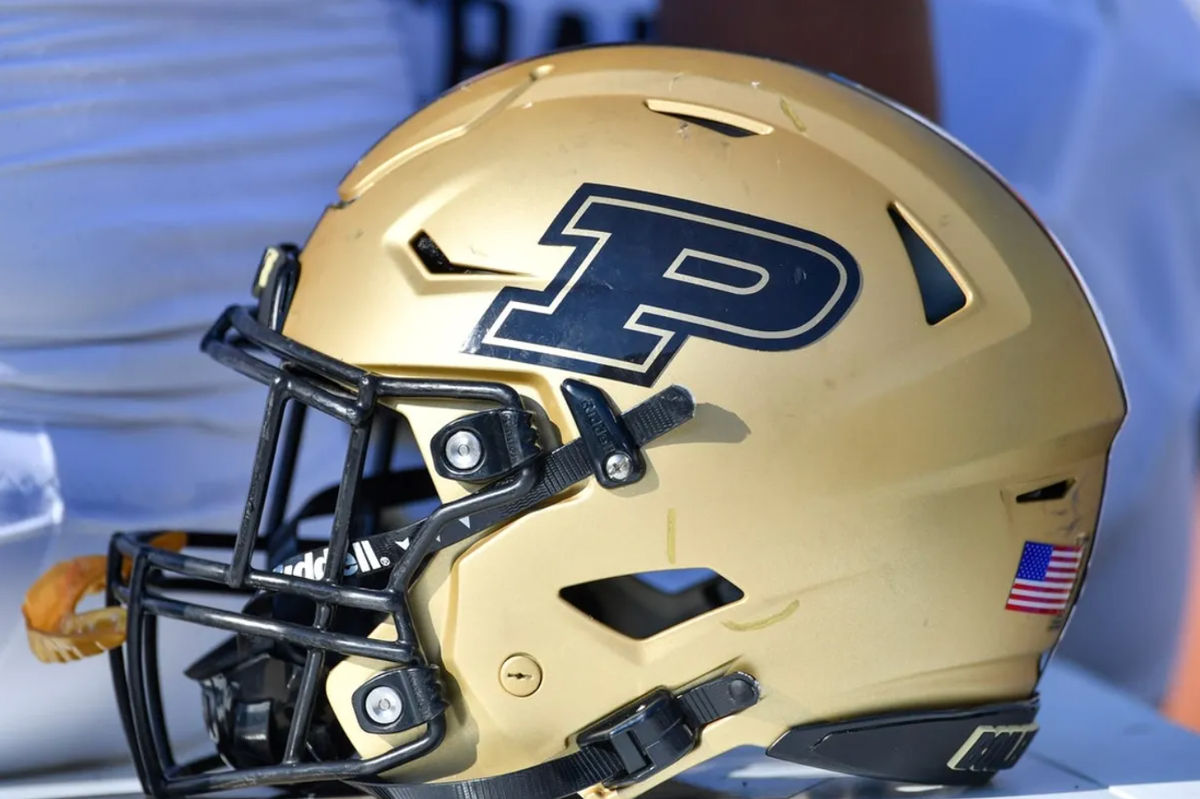 Sep 18, 2021; South Bend, Indiana, USA; A Purdue Boilermakers helmet sits ready on the bench in the third quarter against the Notre Dame Fighting Irish at Notre Dame Stadium. Mandatory Credit: Matt Cashore-Imagn Images