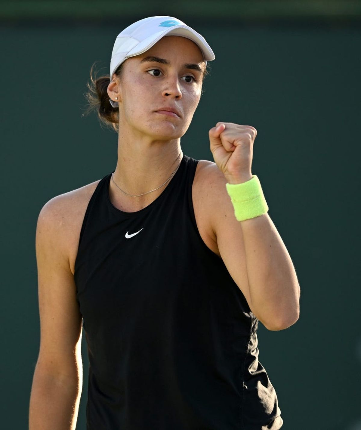 Mar 9, 2022; Indian Wells, CA, USA; Anhelina Kalinina (UKR) reacts after a shot during her match against Clara Burel (FRA) at the BNP Paribas Open at Indian Wells Tennis Garden. Mandatory Credit: Jayne Kamin-Oncea-USA TODAY Sports