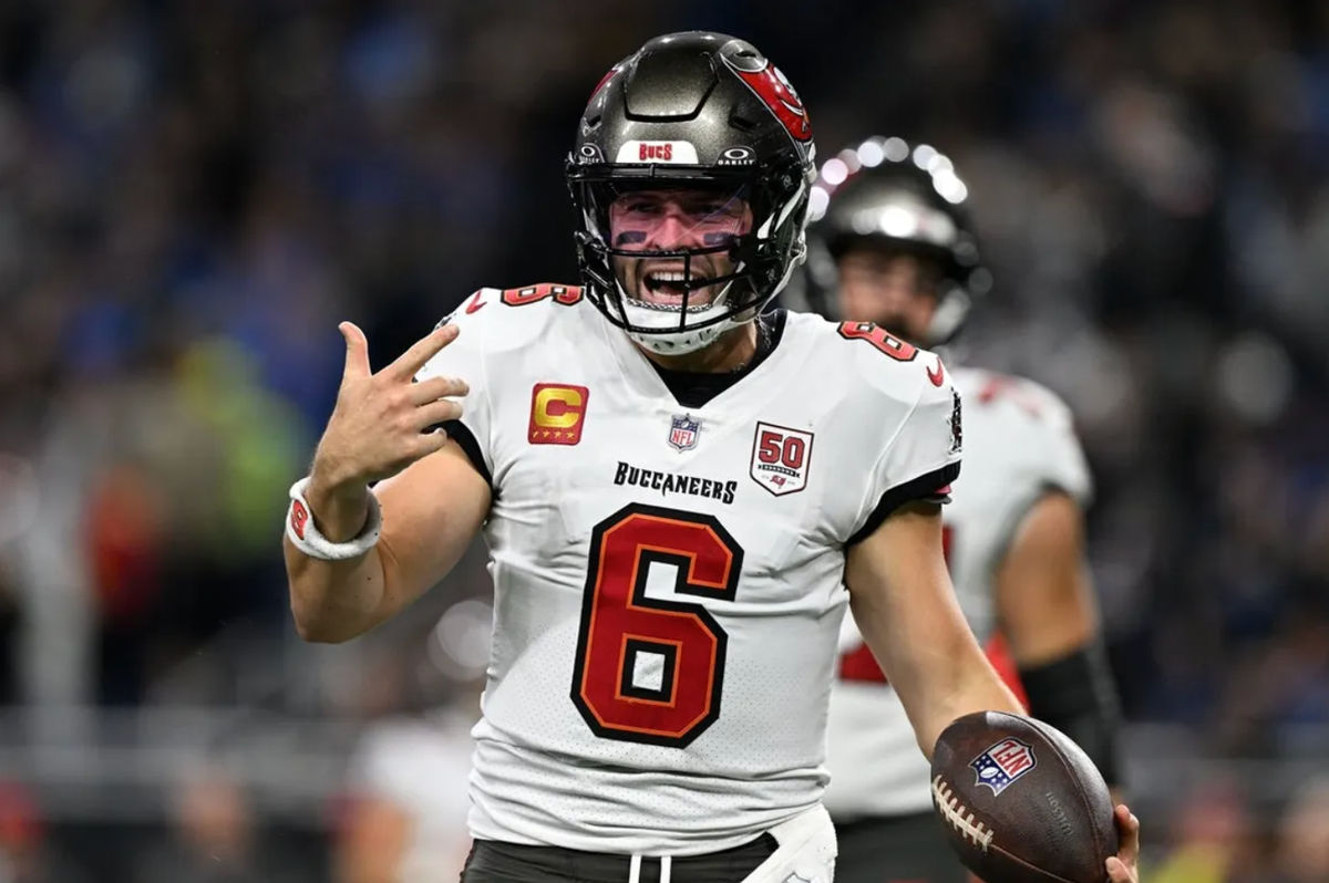 Oct 20, 2025; Detroit, Michigan, USA; Tampa Bay Buccaneers quarterback Baker Mayfield (6) reacts against the Detroit Lions during the first half at Ford Field. Mandatory Credit: Lon Horwedel-Imagn Images