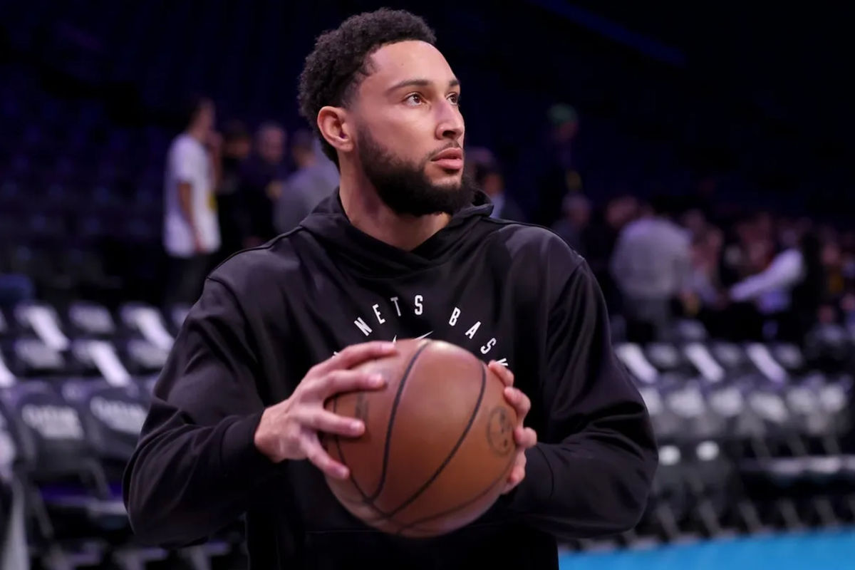 Dec 4, 2024; Brooklyn, New York, USA; Brooklyn Nets guard Ben Simmons (10) warms up before a game against the Indiana Pacers at Barclays Center. Mandatory Credit: Brad Penner-Imagn Images