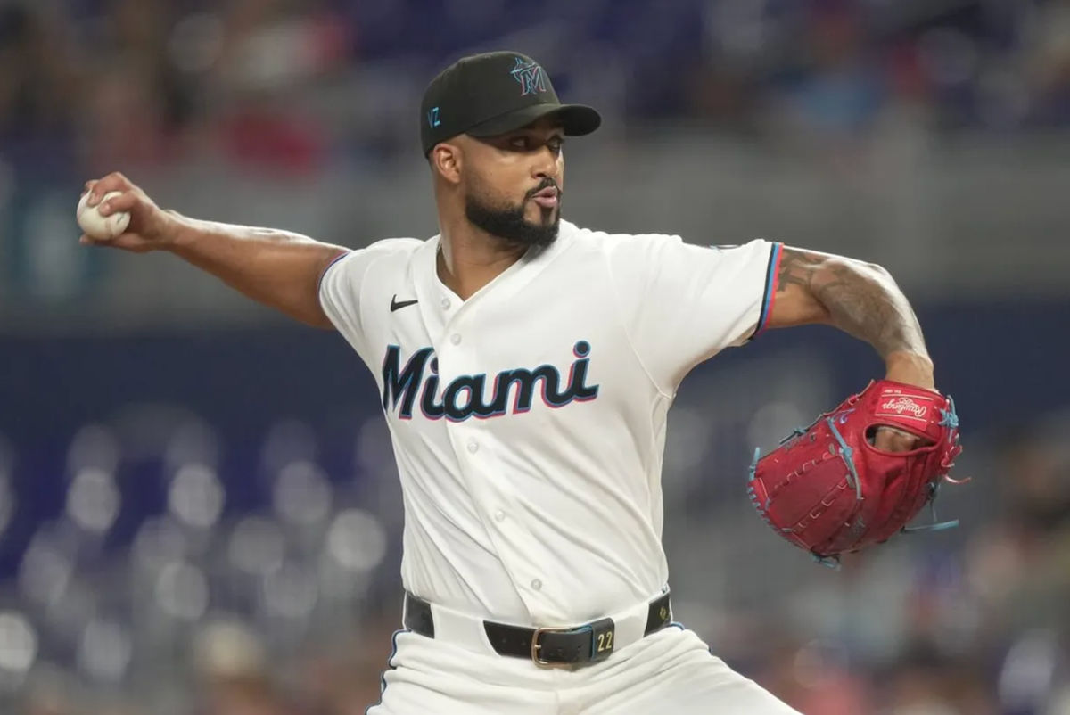 Jul 28, 2026; Miami, Florida, USA; Miami Marlins pitcher Sandy Alcantara (22) throws in the third inning against the Philadelphia Phillies at loanDepot Park. Mandatory Credit: Jim Rassol-Imagn Images