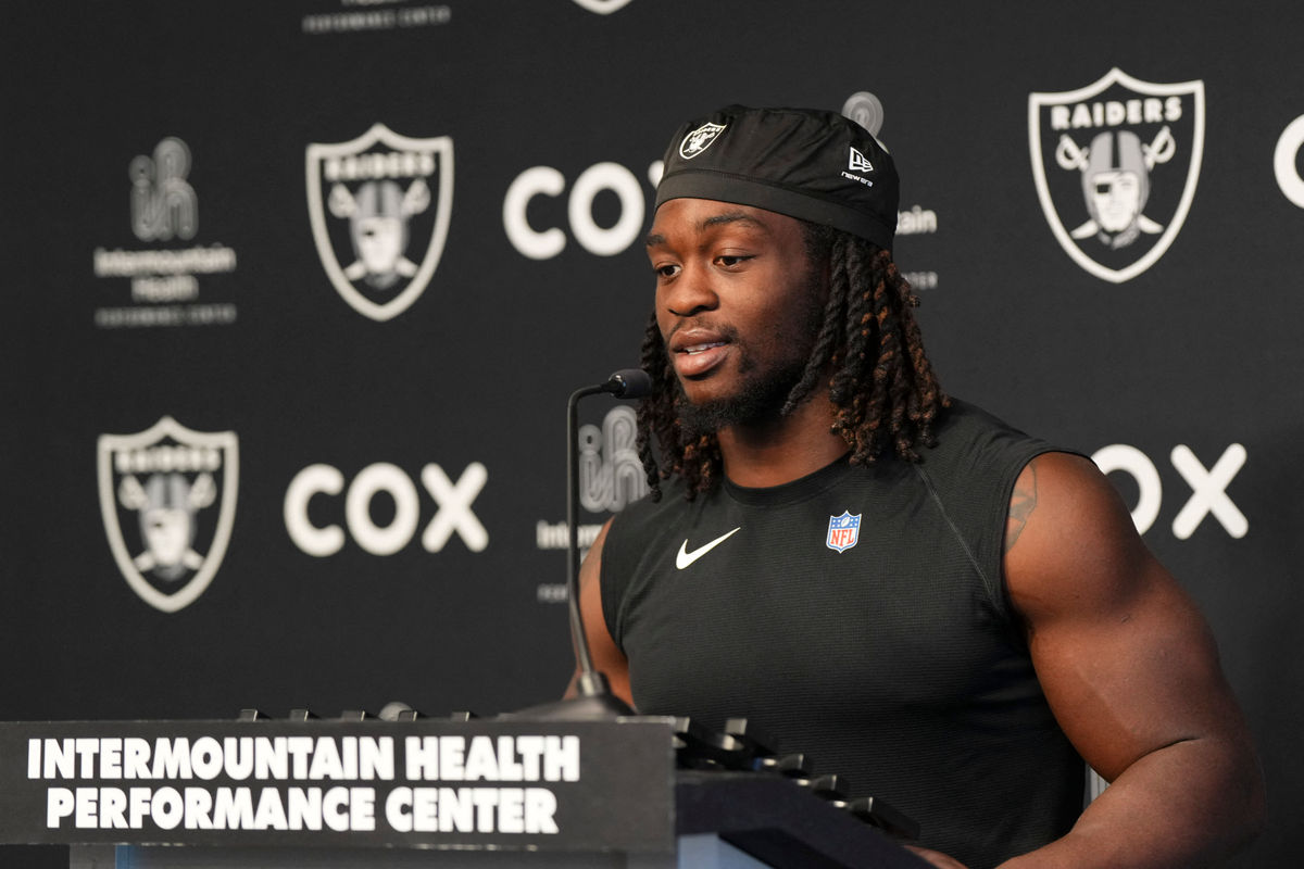 May 20, 2026; Henderson, NV, USA; Las Vegas Raiders running back Ashton Jeanty (2) speaks during a news conference during organized team activities at Intermountain Health Performance Center. Mandatory Credit: Candice Ward-Imagn Images