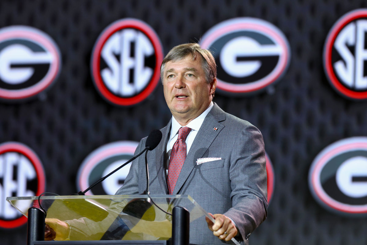 Jul 21, 2026; Tampa, FL, USA; Georgia Bulldogs head coach Kirby Smart speaks to the press during SEC Football Kickoff Media Day at the Tampa Marriott. Mandatory Credit: Nathan Ray Seebeck-Imagn Images