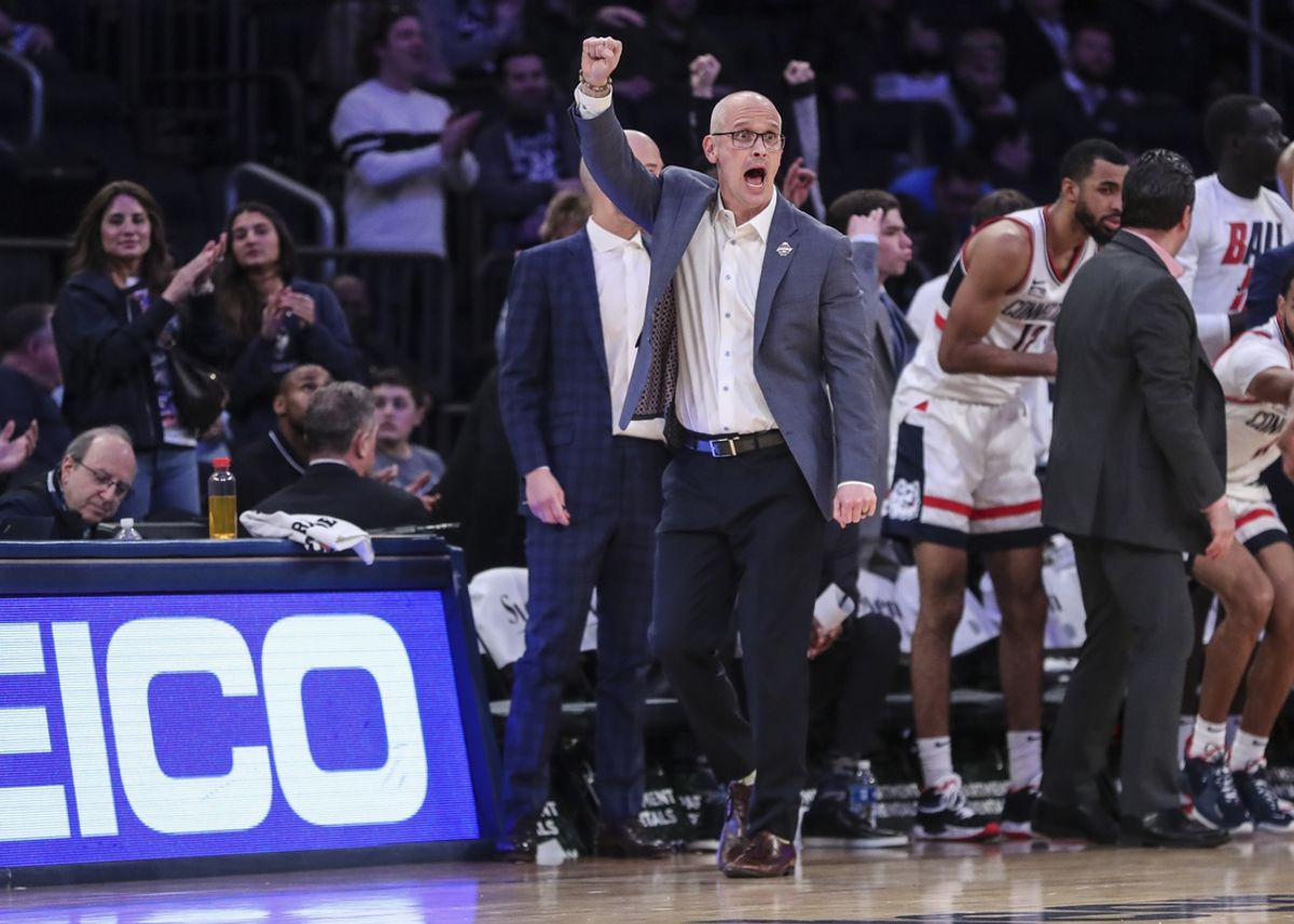 Mar 10, 2022; New York, NY, USA; Connecticut Huskies head coach Dan Hurley reacts after his team scored in the second half against the Seton Hall Pirates at the Big East Tournament at Madison Square Garden. Mandatory Credit: Wendell Cruz-Imagn Images