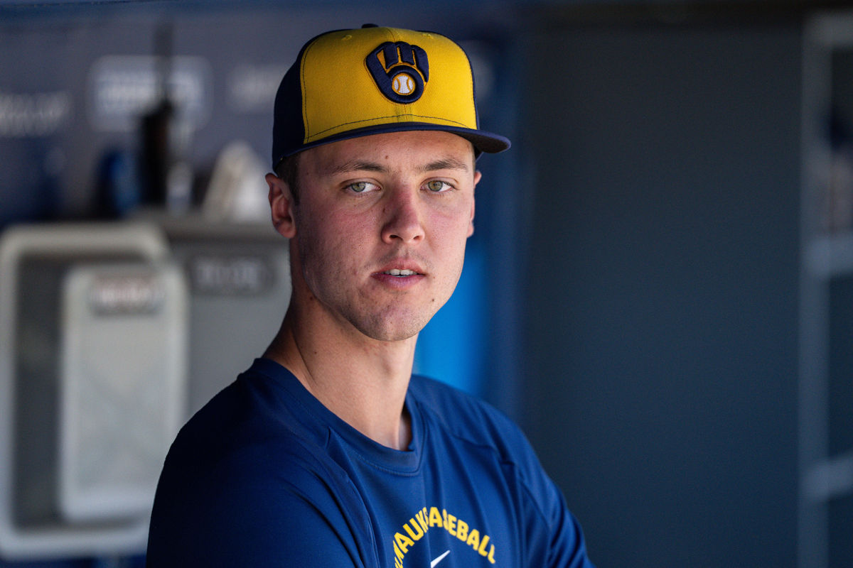 Aug 16, 2026; Los Angeles, California, USA; Milwaukee Brewers pitcher Jacob Misiorowski (32) during pregame against the Los Angeles Dodgers at Dodger Stadium. Mandatory Credit: Jon Endow-Imagn Images