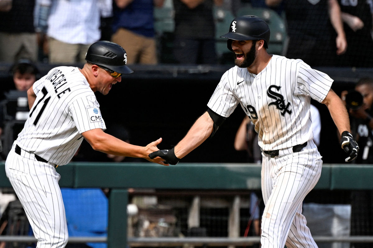 Aug 23, 2026; Chicago, Illinois, USA; Chicago White Sox center fielder Tristan Peters (29) high fives third base/infield coach Justin Jirschele (71) after he hits a walk-off home run during the ninth inning against the New York Mets at Rate Field. Mandatory Credit: Matt Marton-Imagn Images TPX IMAGES OF THE DAY
