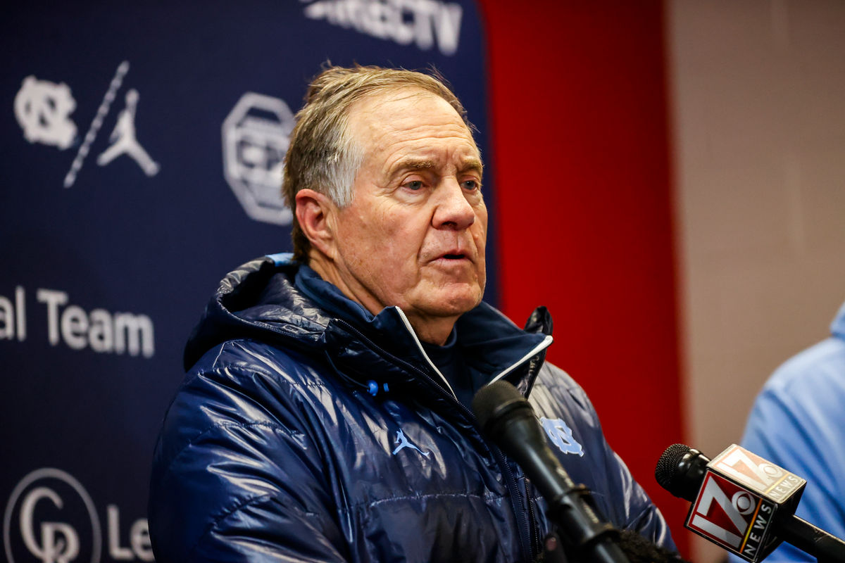 Nov 29, 2025; Raleigh, North Carolina, USA; North Carolina Tar Heels head coach Bill Belichick addresses the media after the second half of the game against NC State Wolfpack at Carter-Finley Stadium. Mandatory Credit: Jaylynn Nash-Imagn Images