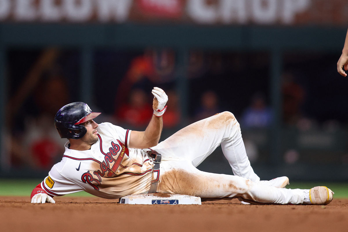 Aug 25, 2026; Atlanta, Georgia, USA; Atlanta Braves first baseman Matt Olson (28) reacts after a double against the Los Angeles Dodgers in the eighth inning at Truist Park. Mandatory Credit: Brett Davis-Imagn Images