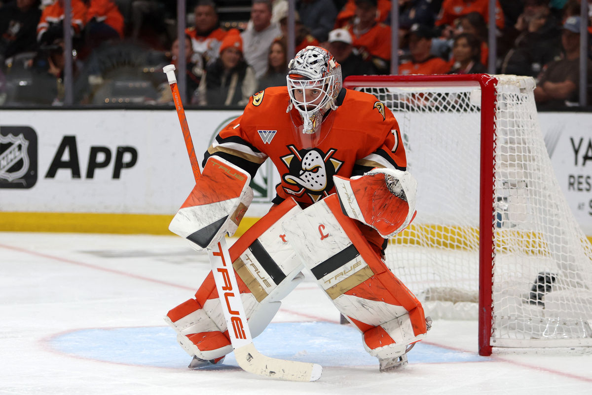 May 14, 2026; Anaheim, California, USA; Anaheim Ducks goaltender Lukas Dostal (1) defends the goal during the third period against the Vegas Golden Knights in game six of the second round of the 2026 Stanley Cup Playoffs at Honda Center. Mandatory Credit: Kiyoshi Mio-Imagn Images