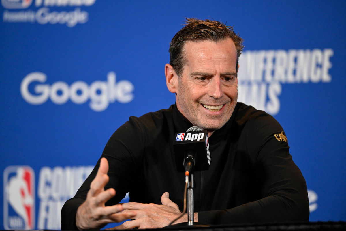 May 25, 2026; Cleveland, Ohio, USA; Cleveland Cavaliers head coach Kenny Atkinson speaks with media before game four of the eastern conference finals for the 2026 NBA playoffs against the New York Knicks at Rocket Arena. Mandatory Credit: David Richard-Imagn Images
