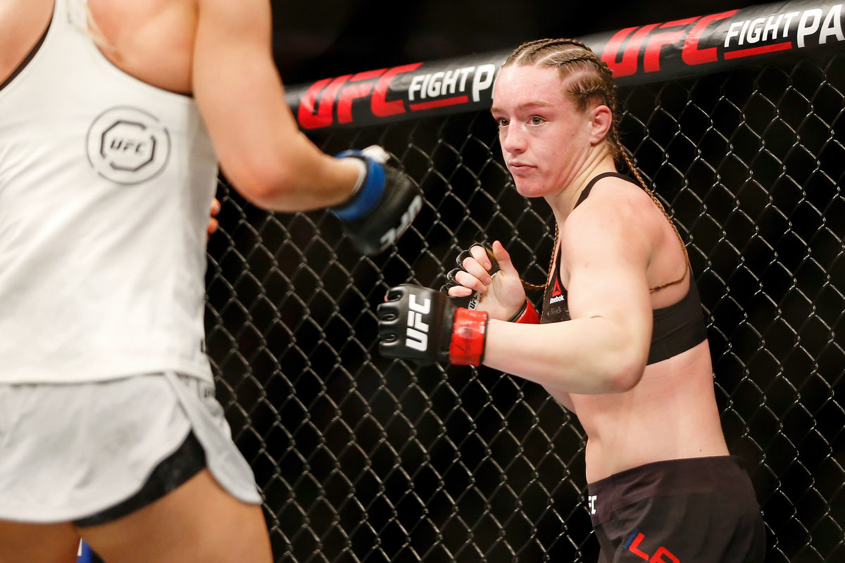 Dec 7, 2019; Washington, DC, USA; Aspen Ladd (red gloves) fights Yana Kunitskaya (blue gloves) during UFC Fight Night at Capital One Arena. Mandatory Credit: Amber Searls-USA TODAY Sports