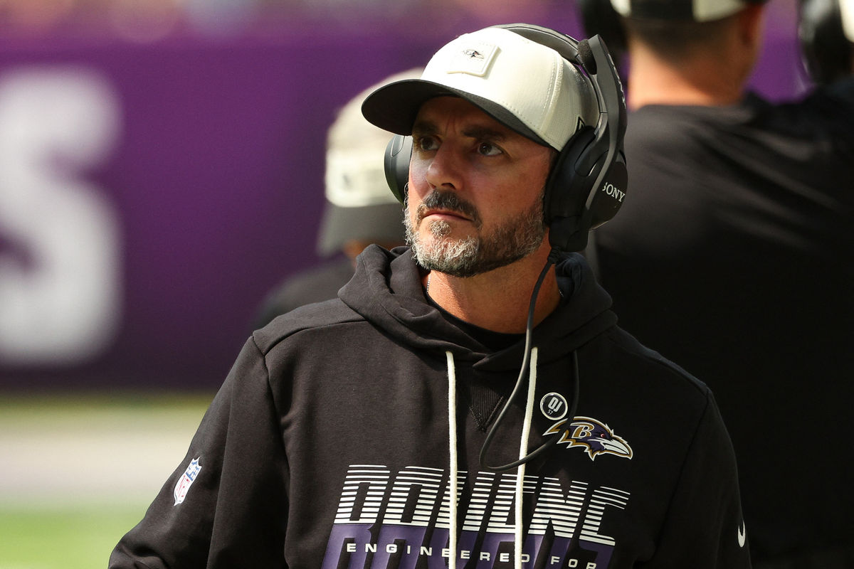 Aug 22, 2026; Minneapolis, Minnesota, USA; Baltimore Ravens head coach Jesse Minter looks on during the second half against the Minnesota Vikings at U.S. Bank Stadium. Mandatory Credit: Matt Krohn-Imagn Images