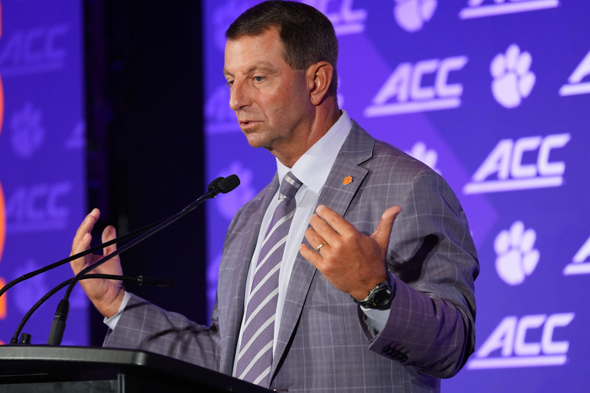 Jul 16, 2026; Charlotte, NC, USA; Clemson head coach Dabo Swinney speaks to the media during Media Day at Hilton Charlotte Uptown. Mandatory Credit: Jim Dedmon-Imagn Images