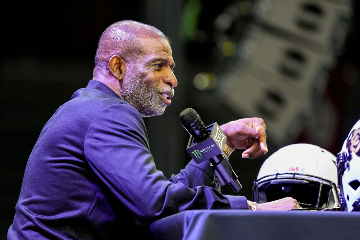 Jul 7, 2026; Frisco, TX, USA; Colorado head coach Deion Sanders speaks to reporters during Big 12 Conference Football Media Days at The Star. Mandatory Credit: Raymond Carlin III-Imagn Images