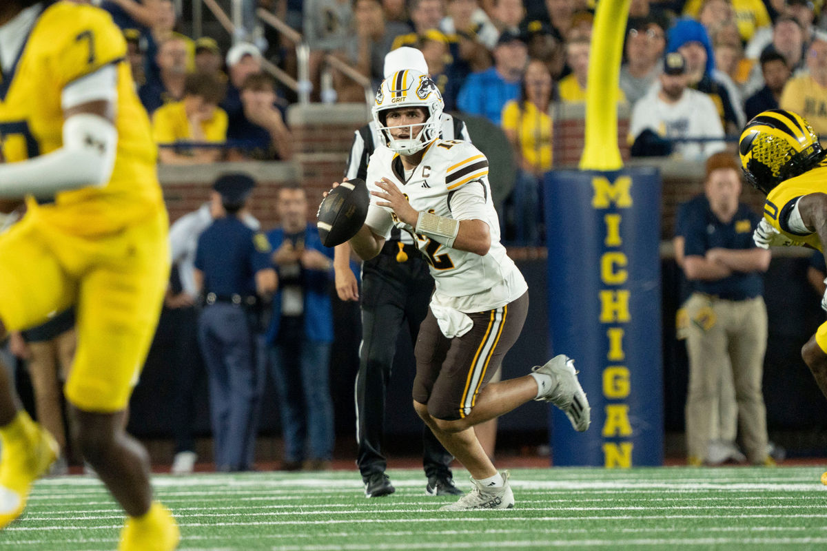 Western Michigan junior Broc Lowry looks to pass during the season-opening game at Michigan Stadium in Ann Arbor, Mich. on Saturday, Sept. 5, 2026.