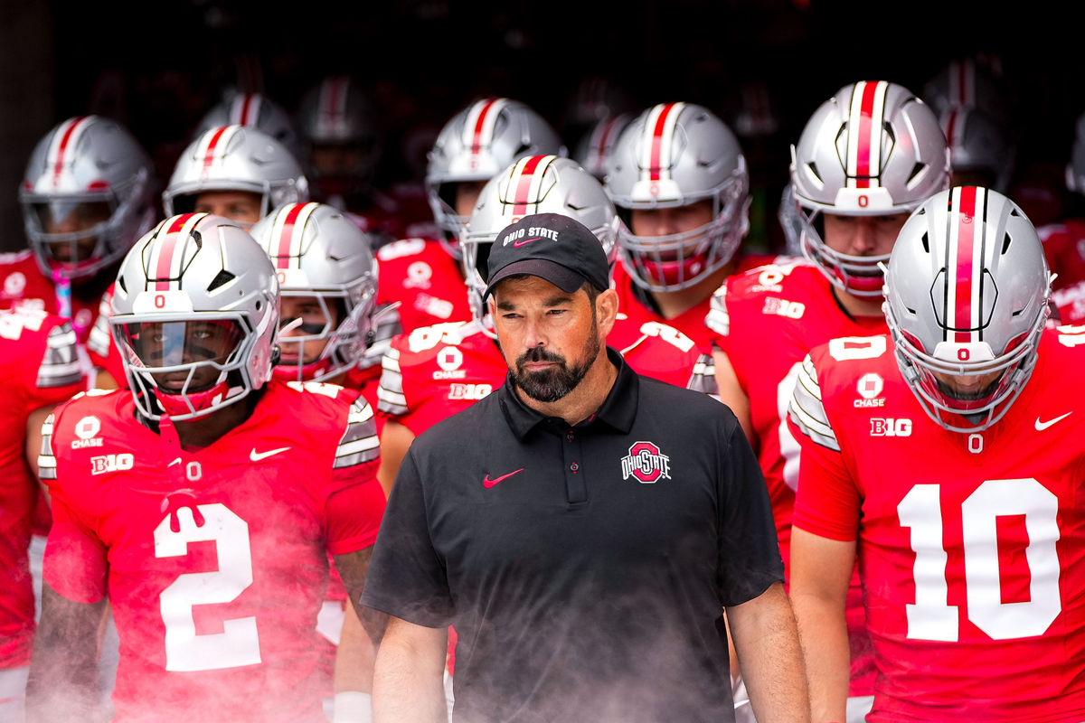 Ohio State Buckeyes head coach Ryan Day takes the field with his players before the NCAA football game against the Ball State Cardinals at Ohio Stadium on Sept. 5, 2026 in Columbus, Ohio.