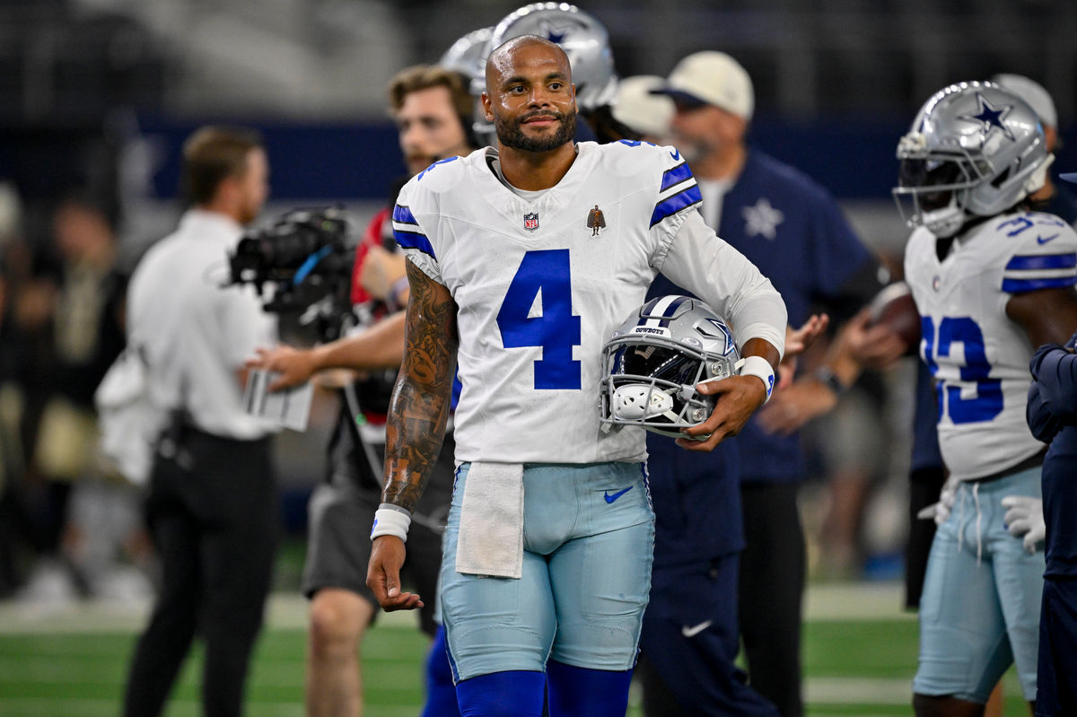 Aug 28, 2026; Arlington, Texas, USA; Dallas Cowboys quarterback Dak Prescott (4) looks on before the game between the Cowboys and the Saints at AT&T Stadium. Mandatory Credit: Jerome Miron-Imagn Images