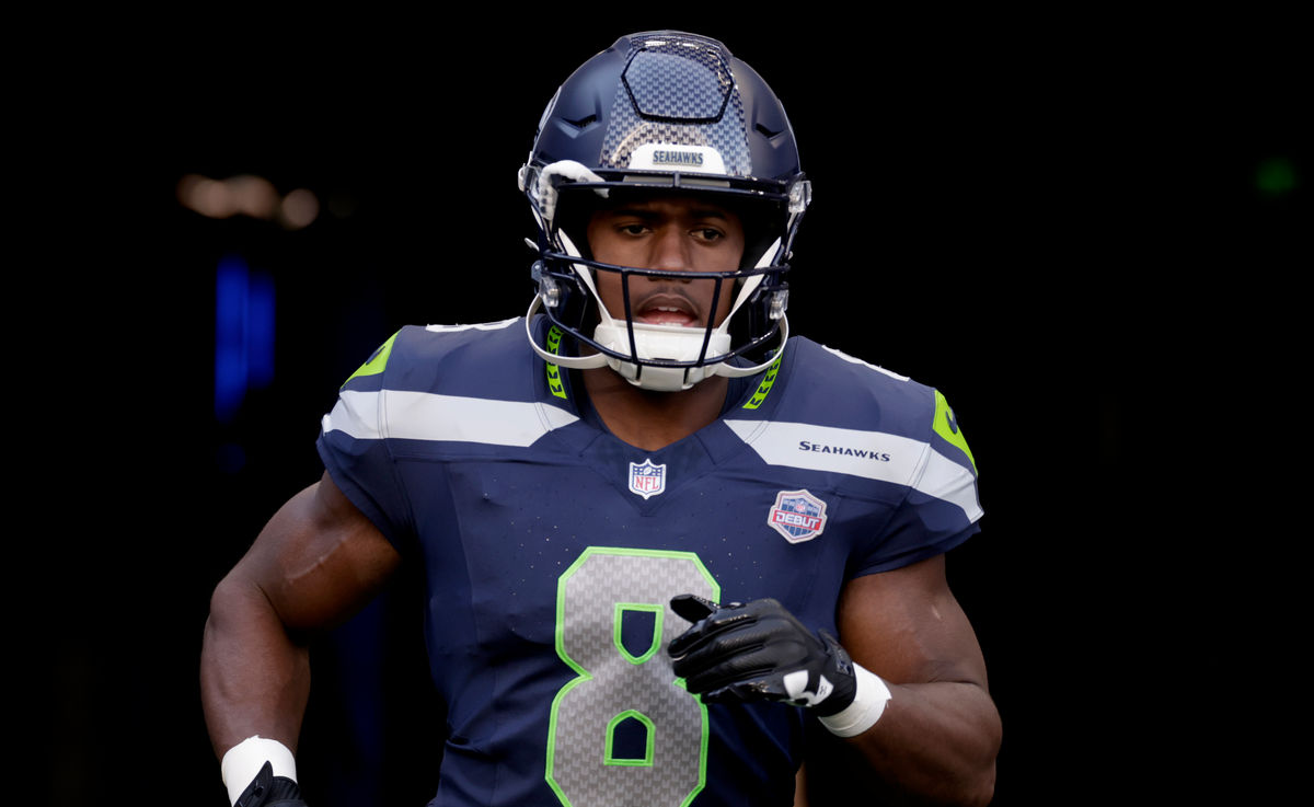 Sep 9, 2026; Seattle, Washington, USA; Seattle Seahawks running back Jadarian Price (8) takes the field for warm ups before a game against the New England Patriots at Lumen Field. Mandatory Credit: Joe Nicholson-Imagn Images