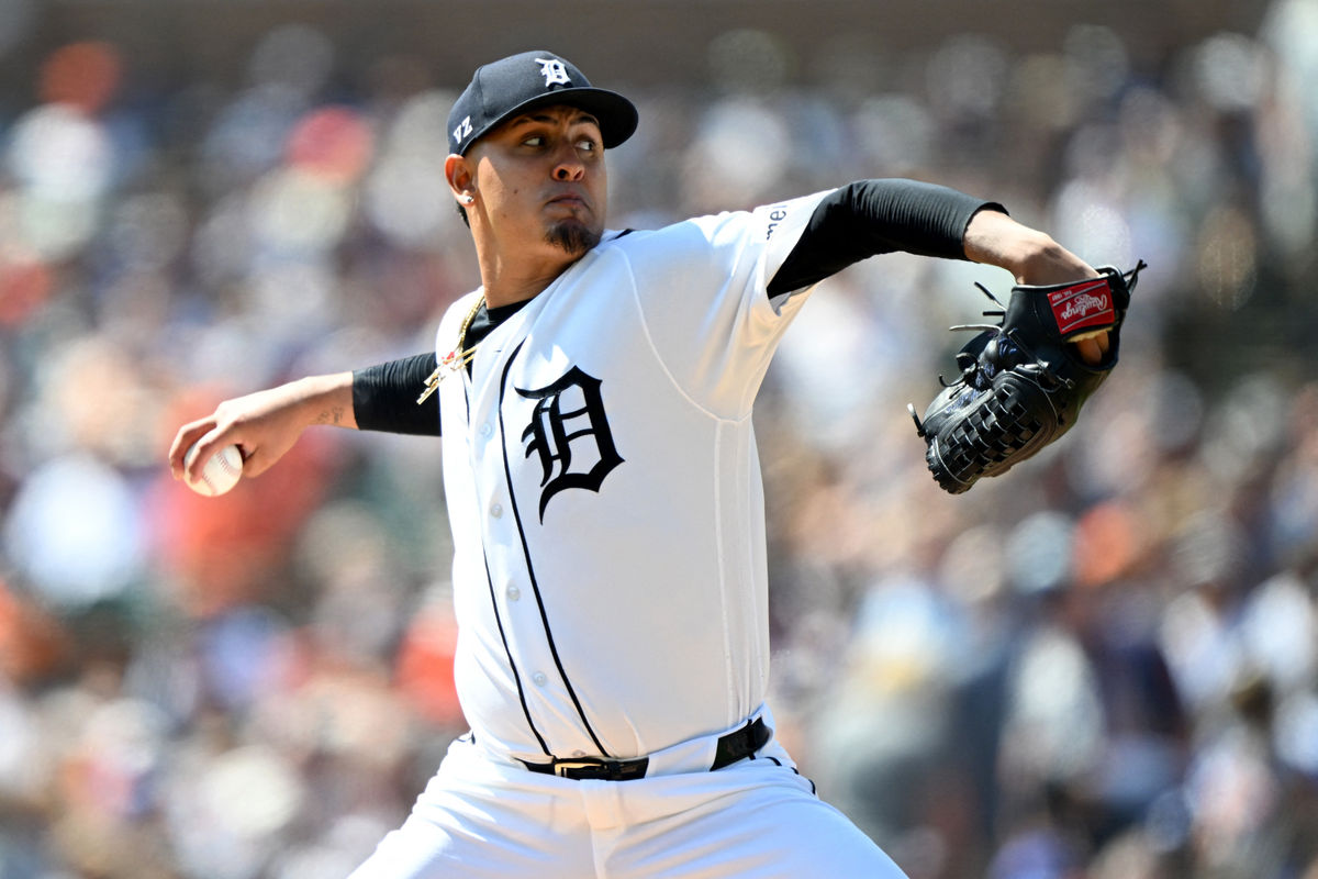Aug 29, 2026; Detroit, Michigan, USA; Detroit Tigers starting pitcher Keider Montero (54) throws a pitch against the Los Angeles Dodgers in the first inning at Comerica Park. Mandatory Credit: Lon Horwedel-Imagn Images