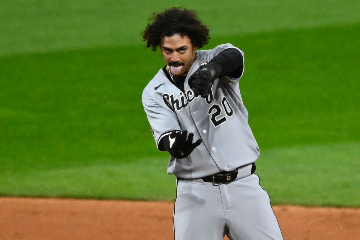 Sep 15, 2026; Cleveland, Ohio, USA; Chicago White Sox third baseman Miguel Vargas (20) celebrates his 2-RBI single in the sixth inning against the Cleveland Guardians at Progressive Field. Mandatory Credit: David Richard-Imagn Images