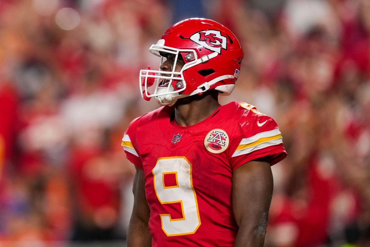 Sep 14, 2026; Kansas City, Missouri, USA; Kansas City Chiefs running back Kenneth Walker III (9) celebrates after scoring a touchdown during the second half against the Denver Broncos at Arrowhead Stadium. Mandatory Credit: Jay Biggerstaff-Imagn Images