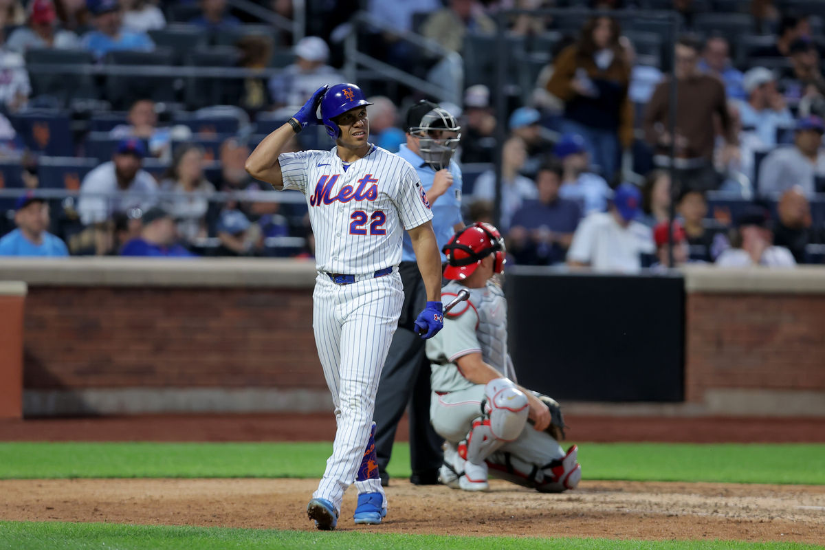Sep 19, 2026; New York City, New York, USA; New York Mets left fielder Juan Soto (22) reacts after striking out during the seventh inning against the Philadelphia Phillies at Citi Field. Mandatory Credit: Brad Penner-Imagn Images