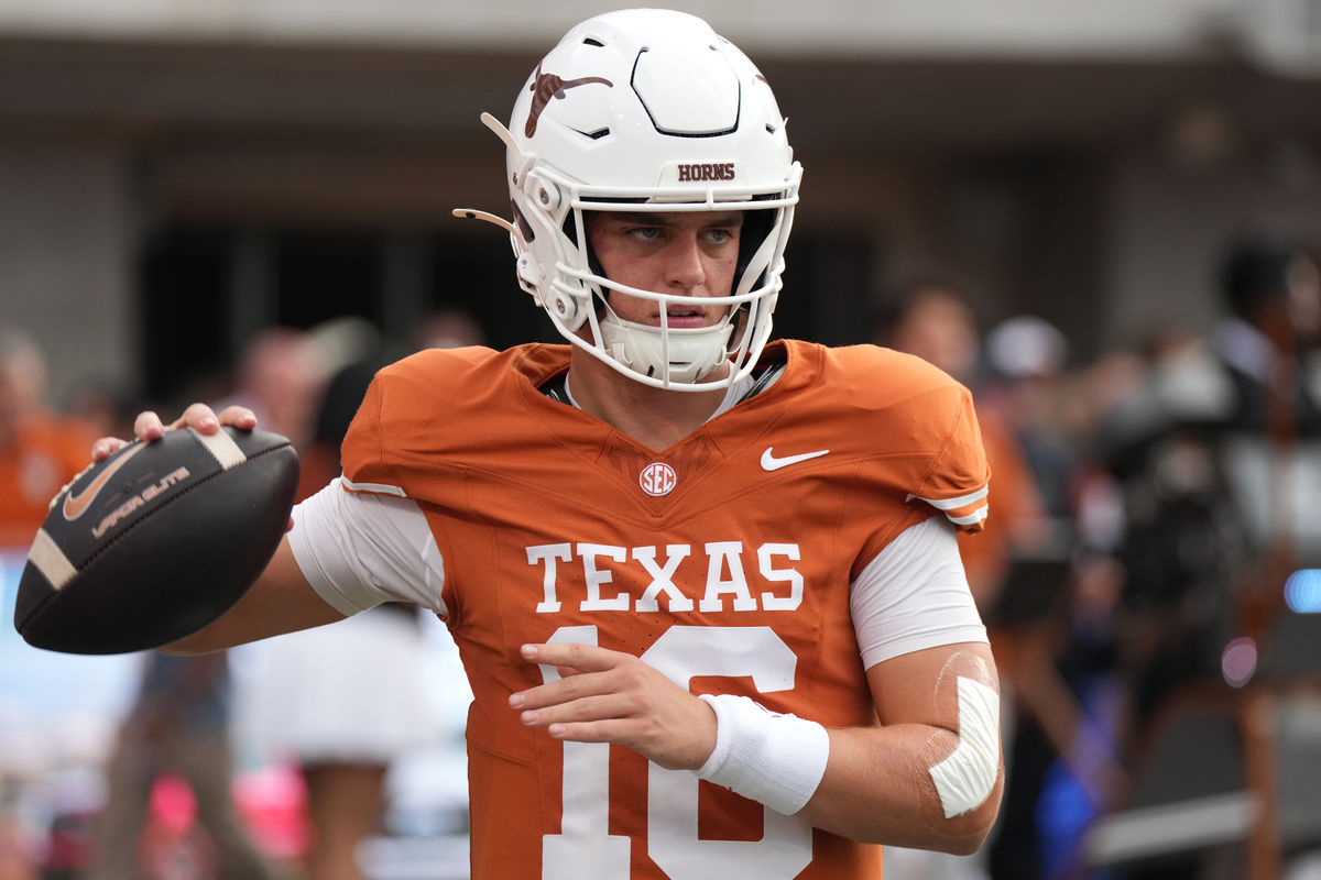 Sep 19, 2026; Austin, Texas, USA; Texas Longhorns quarterback Arch Manning (16) warms up before a game against the UTSA Roadrunners at Darrell K Royal-Texas Memorial Stadium. Mandatory Credit: Scott Wachter-Imagn Images