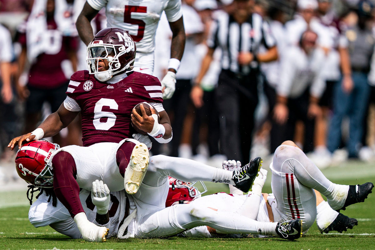 Alabama defensive back Keon Sabb (3) pulls Mississippi State running back Kolin Wilson (6) to the ground during a college football game between Mississippi State and Alabama at Davis Wade Stadium in Starkville, Miss., on Saturday, Oct. 3, 2026. Alabama defeated Mississippi State 56-23.