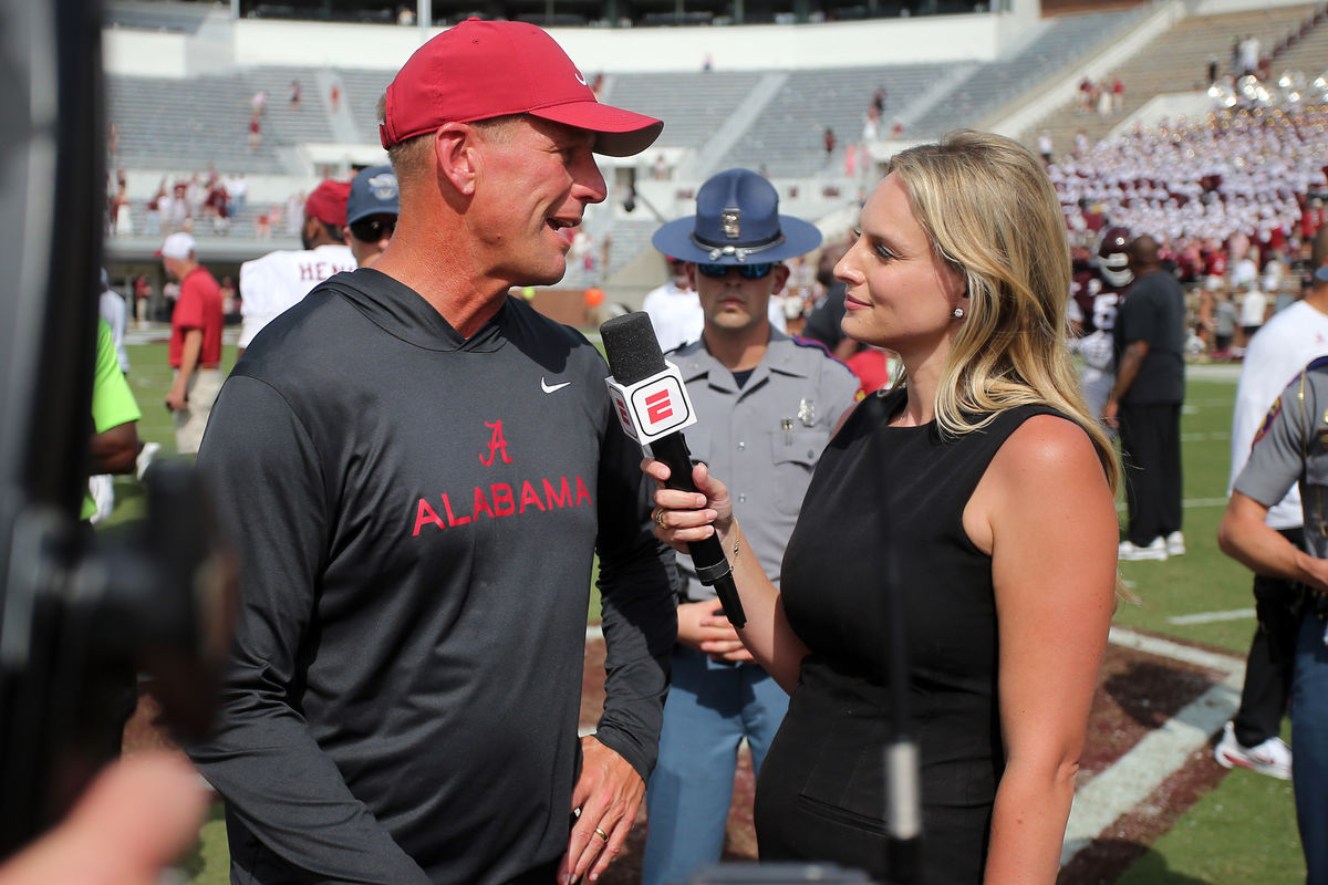 Oct 3, 2026; Starkville, Mississippi, USA; Alabama Crimson Tide head coach Kalen DeBoer is interviewed by ESPN sideline reporter Katie George after the game against the Mississippi State Bulldogs at Davis Wade Stadium at Scott Field. Mandatory Credit: Petre Thomas-Imagn Images