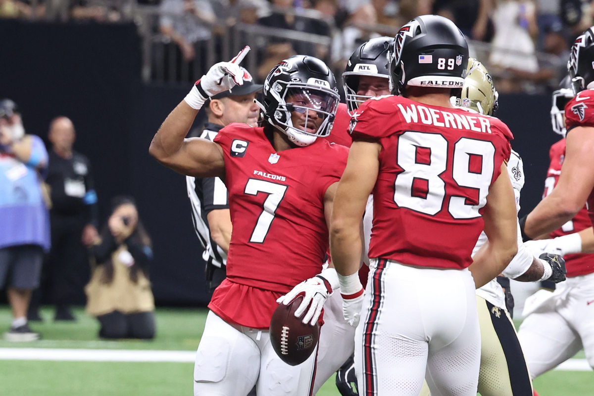 Oct 5, 2026; New Orleans, Louisiana, USA; Atlanta Falcons running back Bijan Robinson (7) celebrates after scoring a touchdown against the New Orleans Saints during the first half at Caesars Superdome. Mandatory Credit: Stephen Lew-Imagn Images