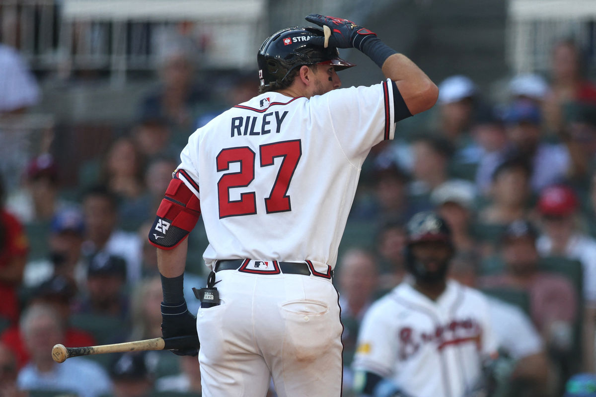 Sep 30, 2026; Cumberland, Georgia, USA; Atlanta Braves third baseman Austin Riley (27) challenges a call in the eighth inning against the Philadelphia Phillies during game two of the Wildcard round for the 2026 MLB Playoffs at Truist Park. Mandatory Credit: Brett Davis-Imagn Images