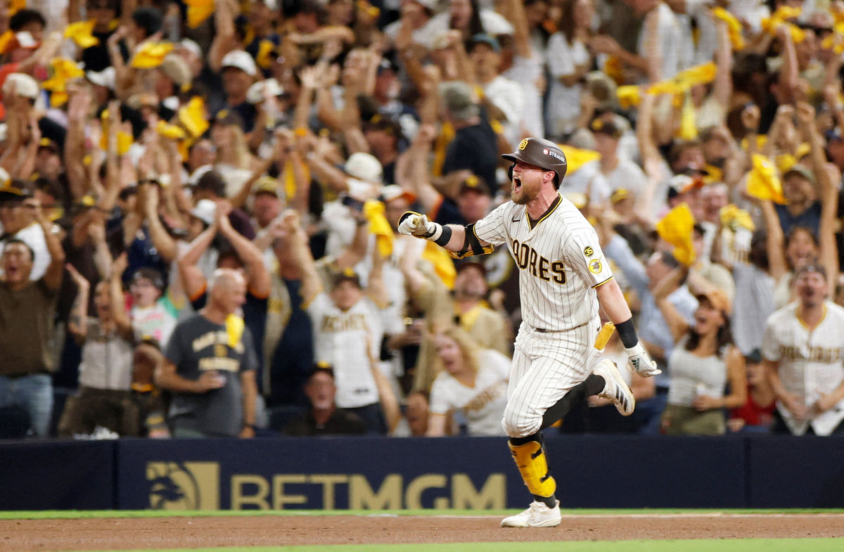 Oct 6, 2026; San Diego, California, USA; San Diego Padres second baseman Jake Cronenworth (9) celebrates after hitting a solo home run during the fifth inning against the Milwaukee Brewers in game three of the NLDS for the 2026 MLB Playoffs at Petco Park. Mandatory Credit: David Frerker-Imagn Images TPX IMAGES OF THE DAY